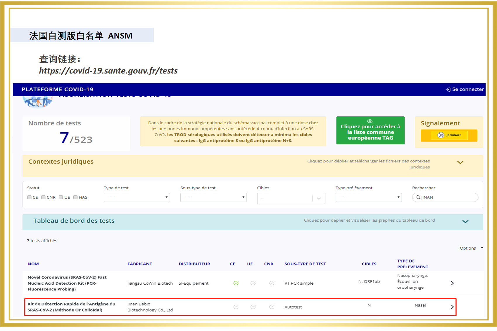 Prodotti Baibo per l'autotest dell'antigene biologico attraverso la lista bianca francese