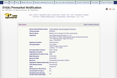 BABIO ottiene l'autorizzazione 510(k) della FDA statunitense per il suo kit di trasporto di virus (non inattivante)